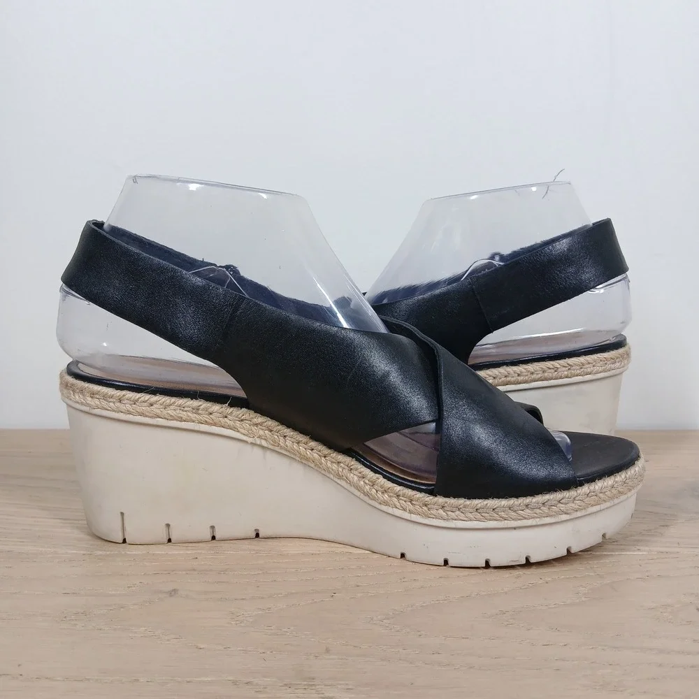 Clarks Sandals Womens 8 Black Leather Espadrille Wedge Boho Comfort Resort Chic